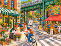 Neighborhood in Bloom by Art Conin: a colorful flower market beneath an elevated train, with a flower seller handing a bouquet to a cyclist.