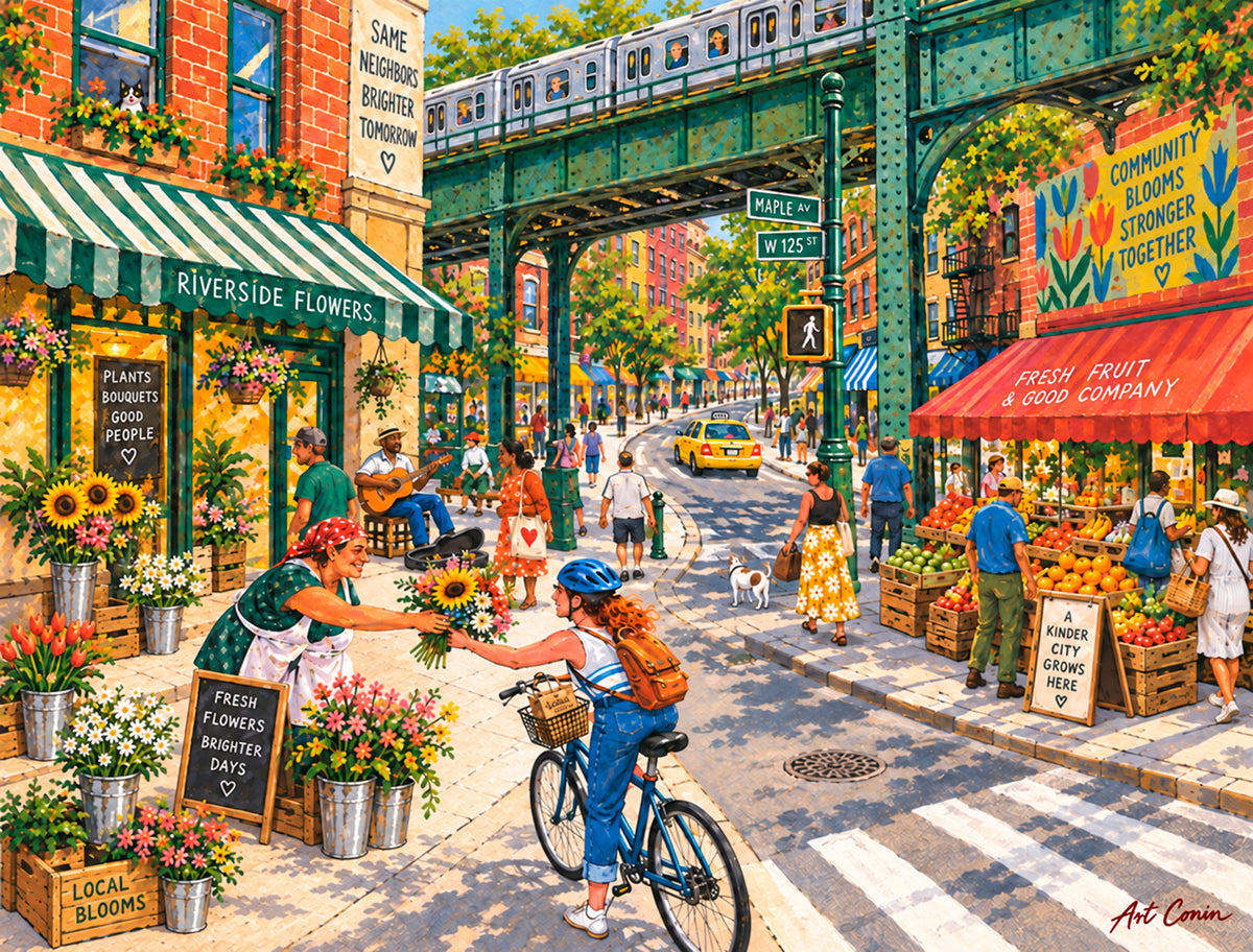 Neighborhood in Bloom by Art Conin: a colorful flower market beneath an elevated train, with a flower seller handing a bouquet to a cyclist.